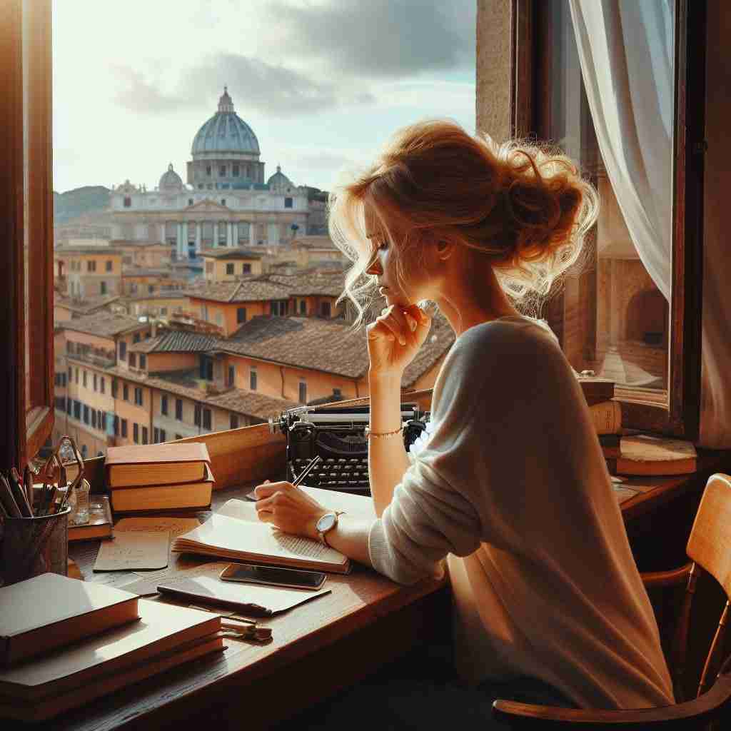 la scrittrice Maria Amata Di Lorenzo scrive nel suo studio accanto a una finestra aperta sul cielo di Roma da cui si intravede in lontananza la cupola di San Pietro