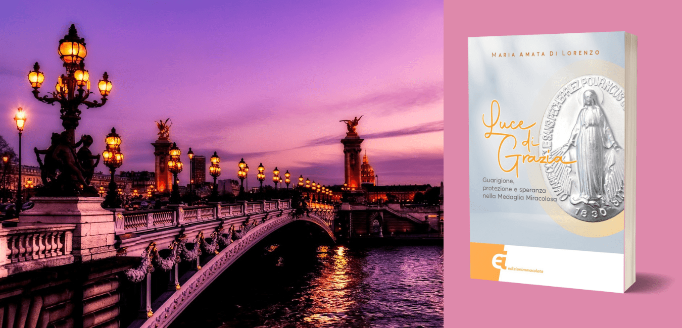 copertina del libro Luce di grazia e accanto veduta di uno scorcio di Parigi