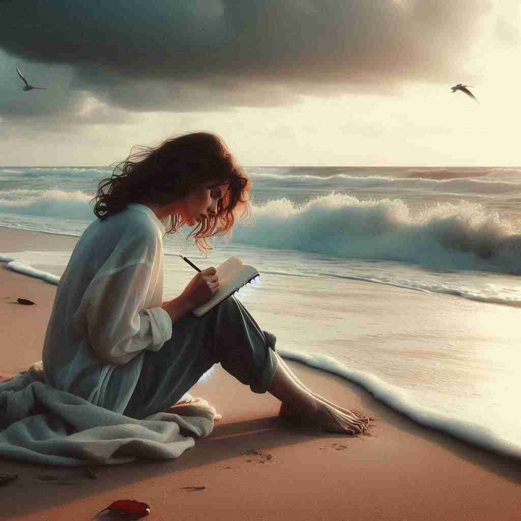 una donna sta scrivendo tutta assorta sulla battigia del mare