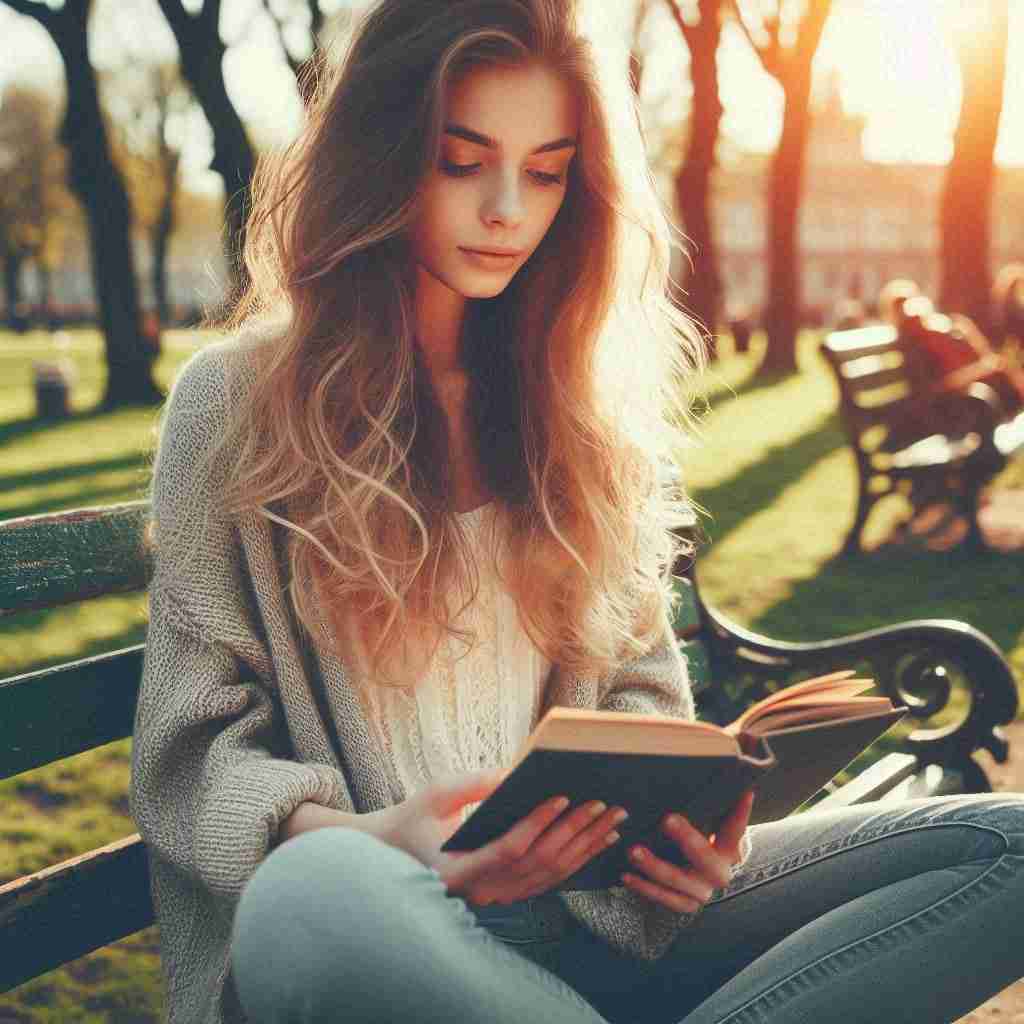 una ragazza seduta su una panchina del parco legge un libro