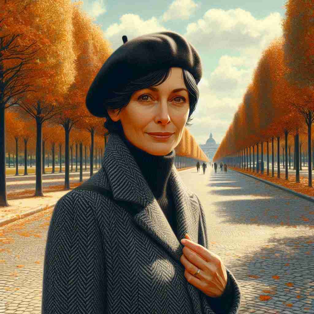 una donna di 50 anni dallo sguardo sereno è su un viale autunnale